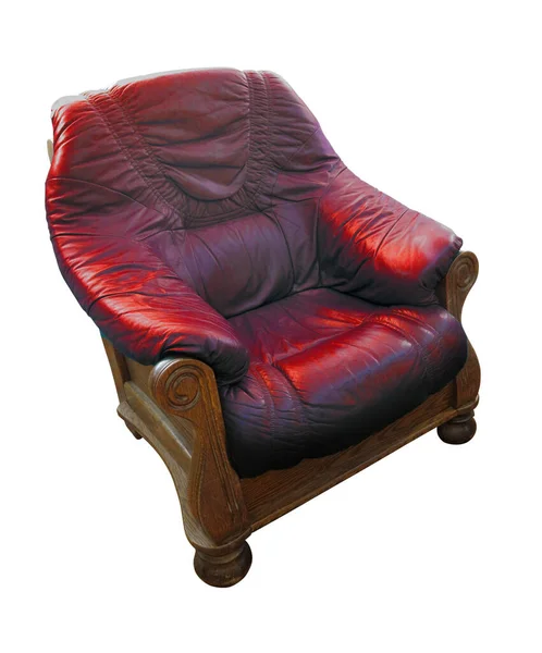 Alte Klassische Hölzerne Leder Roten Sessel Isoliert Über Weißem Hintergrund — Stockfoto