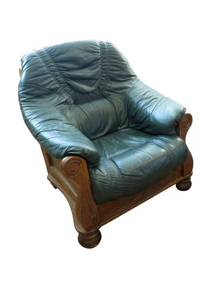 Vieux Fauteuil Classique Cuir Vert Isolé Sur Fond Blanc — Photo