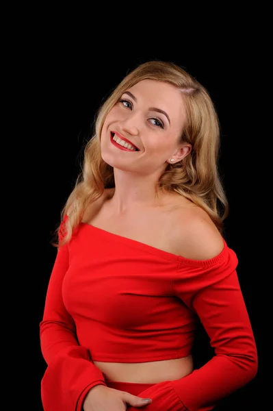 Fashion picture of beautiful young blonde woman wearing red dres — Stock Photo, Image