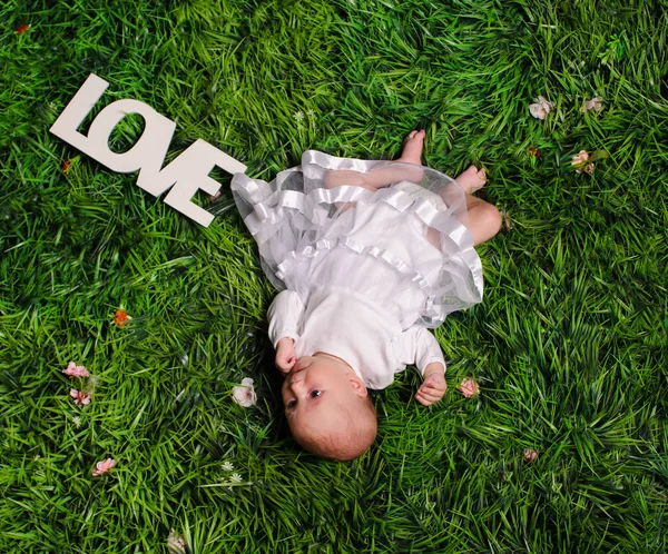 Newborn baby on a green grass — Stock Photo, Image