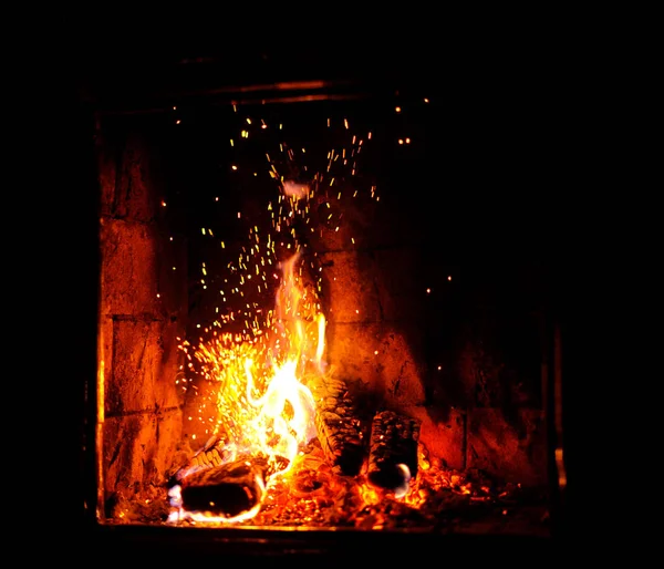 Tutup tembakan dari kayu bakar di perapian — Stok Foto