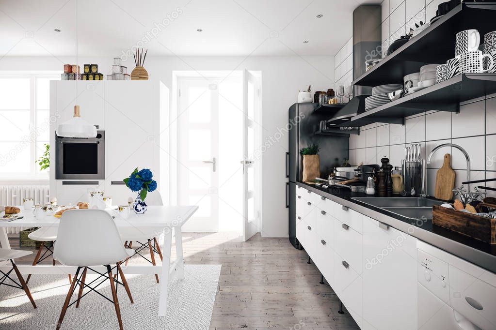 3d render of beautiful  scandinavian kitchen design