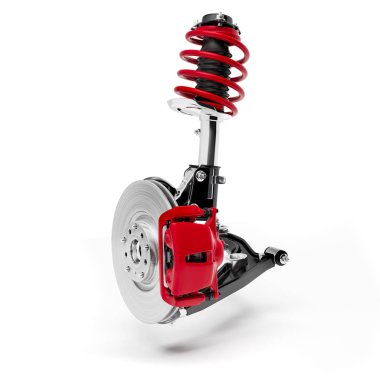 Beyaz arka plan üzerinde 3D araç süspansiyon ve fren sistemi