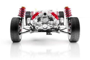 motor, tekerlekler ve süspansiyon, beyaz arka plan üzerinde 3D araba şasi