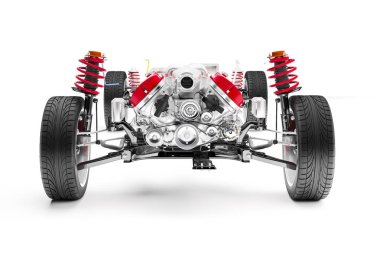 motor, tekerlekler ve süspansiyon, beyaz arka plan üzerinde 3D araba şasi