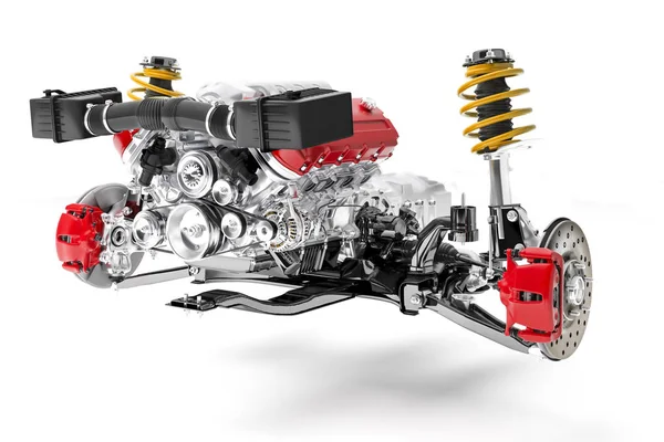 motor ve süspansiyon, beyaz arka plan üzerinde 3D araba şasi