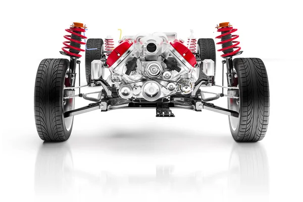 motor, tekerlekler ve süspansiyon, beyaz arka plan üzerinde 3D araba şasi