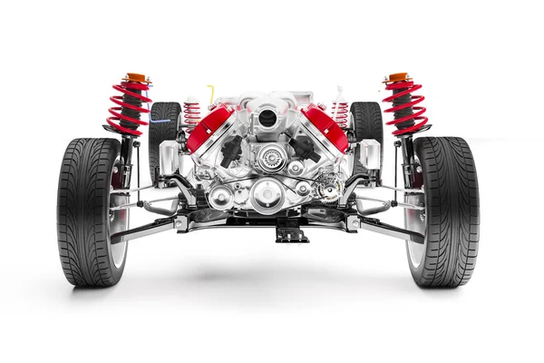 motor, tekerlekler ve süspansiyon, beyaz arka plan üzerinde 3D araba şasi