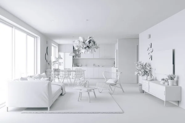 3d home interior, white render