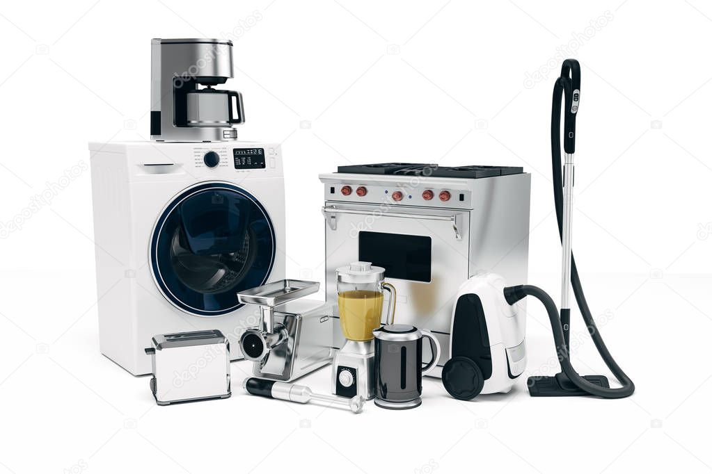 3d set of home appliances on white background