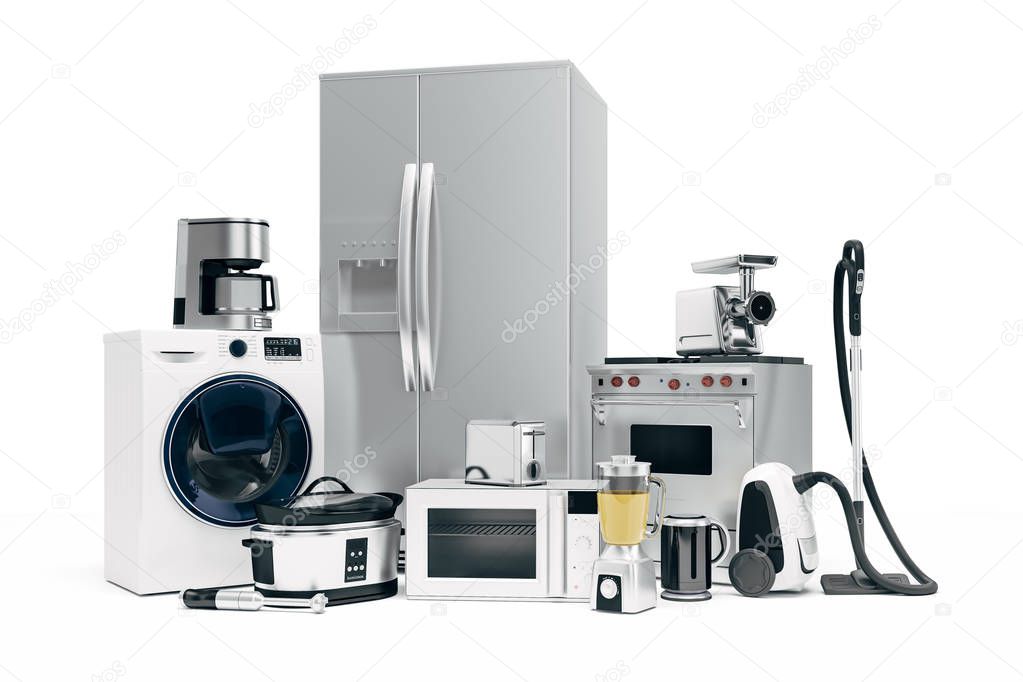 3d set of home appliances on white background