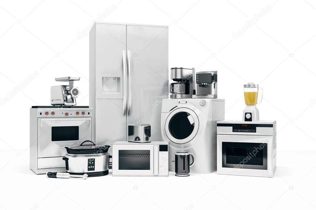 3d set of home appliances on white background