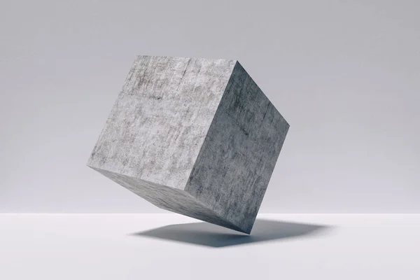 3d concrete cube against concrete wall