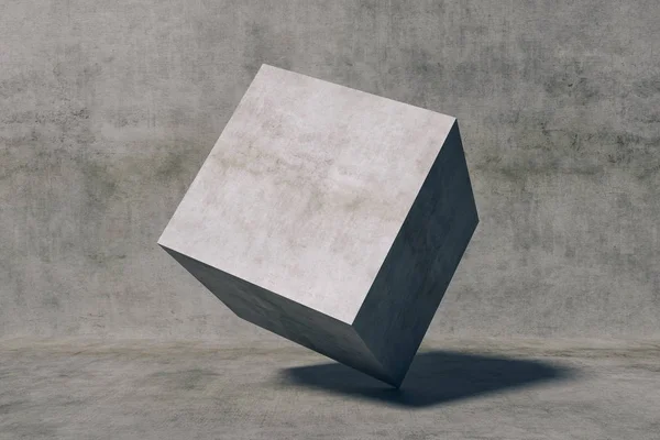 3d concrete cube against concrete wall