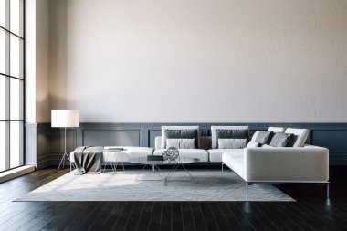 güzel iç kanepe ve ahşap zemin ile 3D render