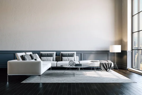 Render Interior Yang Indah Dengan Sofa Dan Lantai Kayu — Stok Foto