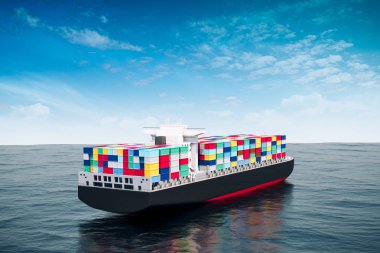 3D kargo konteyner gemisi ve mükemmel mavi deniz