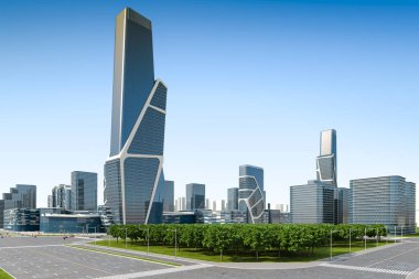 Cam ofis binaları ile modern şehir 3D render