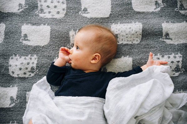 Cute funny little boy on a blanket