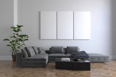 güzel iç kanepe ve ahşap zemin ile 3D render