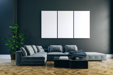 güzel iç kanepe ve ahşap zemin ile 3D render