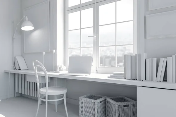 Interior Branco Com Laptop Cadeira Lâmpada Parede — Fotografia de Stock