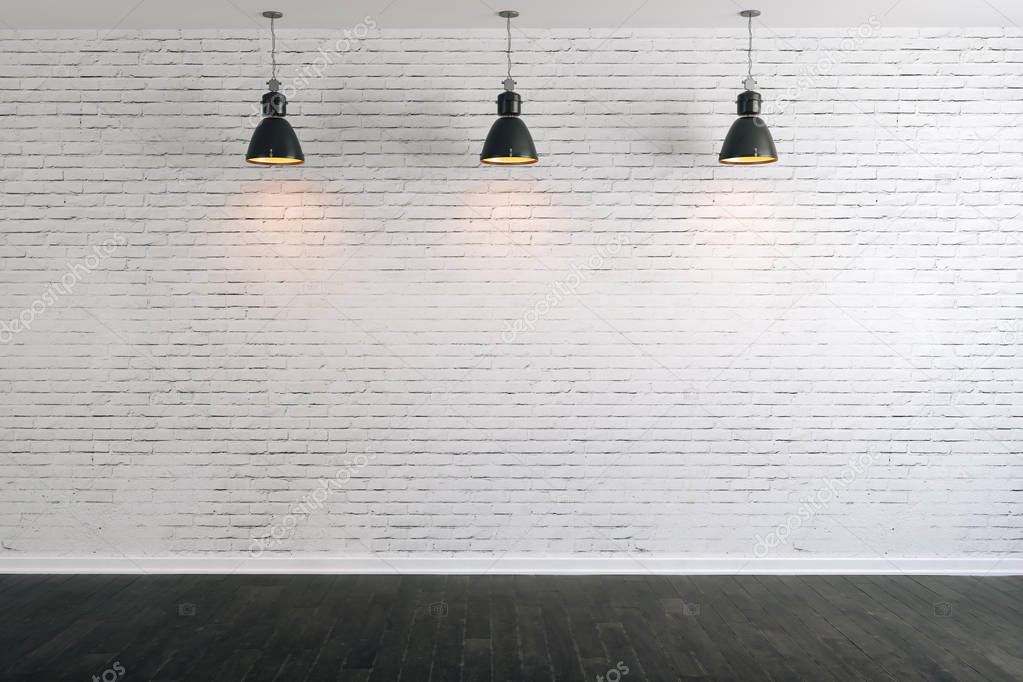 3d room with white brick wall and ceiling lamp