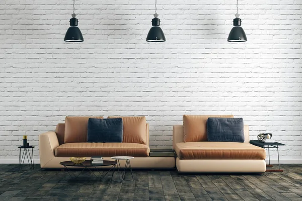 ソファと木製の床と美しいインテリアの レンダリング — ストック写真