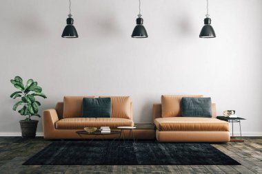 güzel iç kanepe ve ahşap zemin ile 3D render