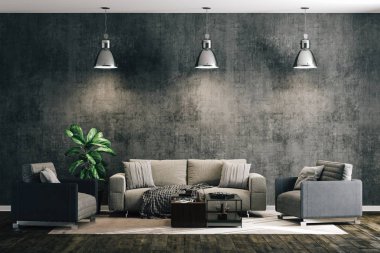 güzel iç kanepe ve ahşap zemin ile 3D render