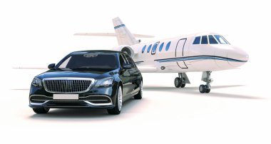 3D render lüks sedan araba ve özel jet