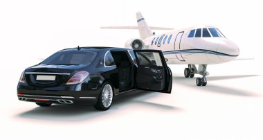 3D render lüks sedan araba ve özel jet
