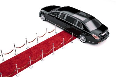 3D render lüks sedan araba ve kırmızı halı
