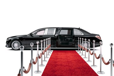 3D render lüks sedan araba ve kırmızı halı