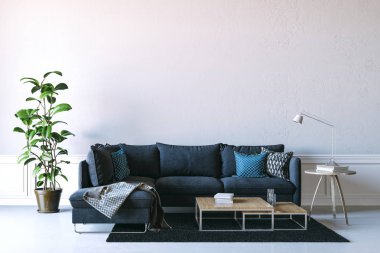 3D render güzel iç kanepe ve beyaz duvar ile render