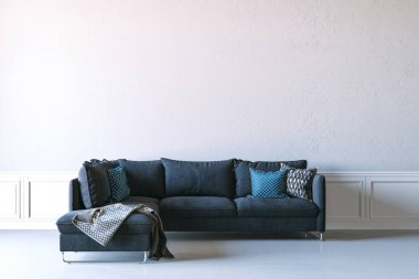 3D render güzel iç kanepe ve beyaz duvar ile render