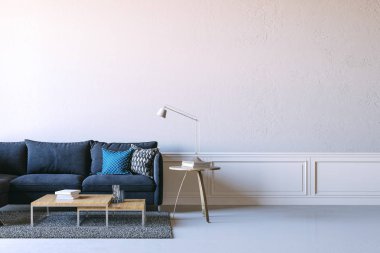 3D render güzel iç kanepe ve beyaz duvar ile render