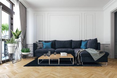 3D render güzel iç kanepe ve beyaz duvar ile render