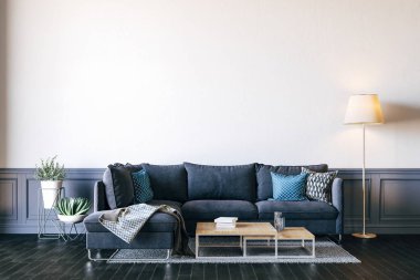 3D render güzel iç kanepe ve beyaz duvar ile render