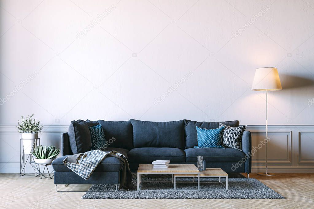 3d render of beautiful interior render with sofa and white wall