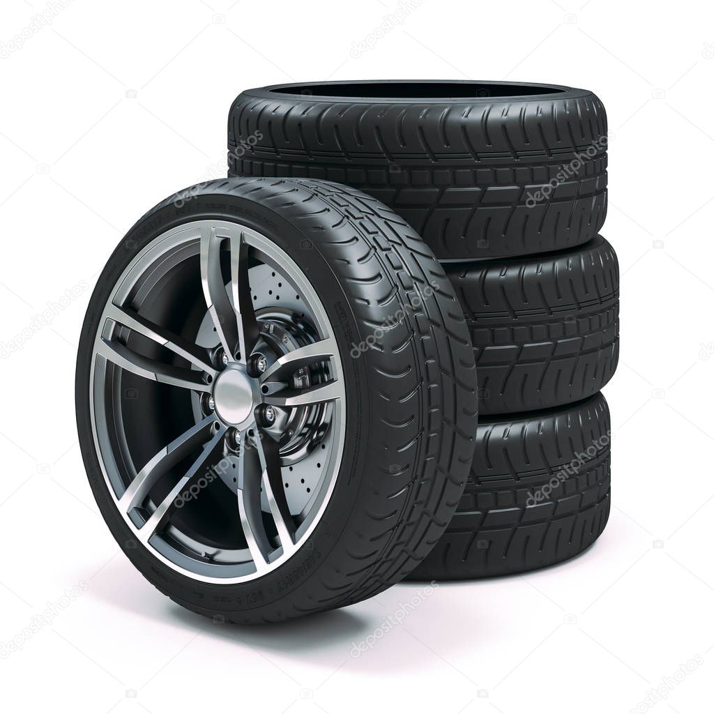 3d tires and alloy wheels on white background
