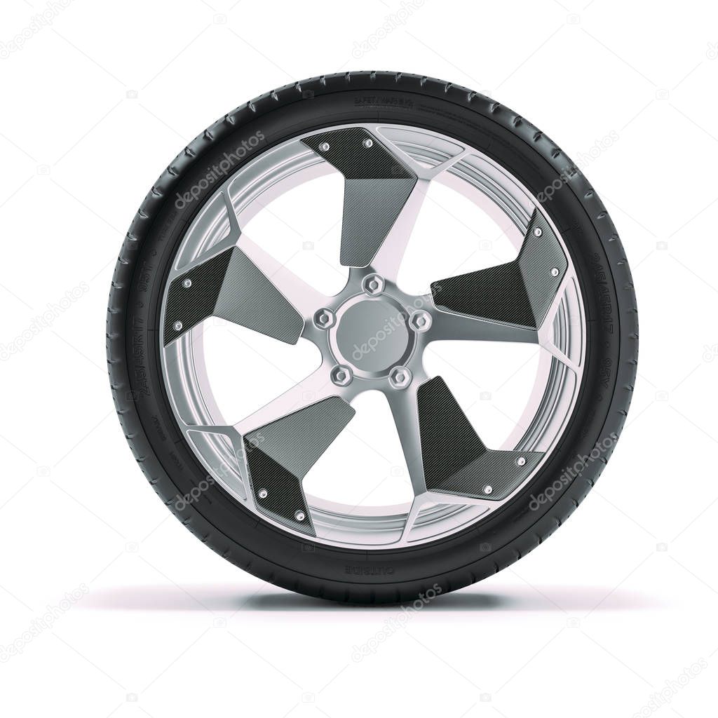 3d tire and alloy wheel on white background
