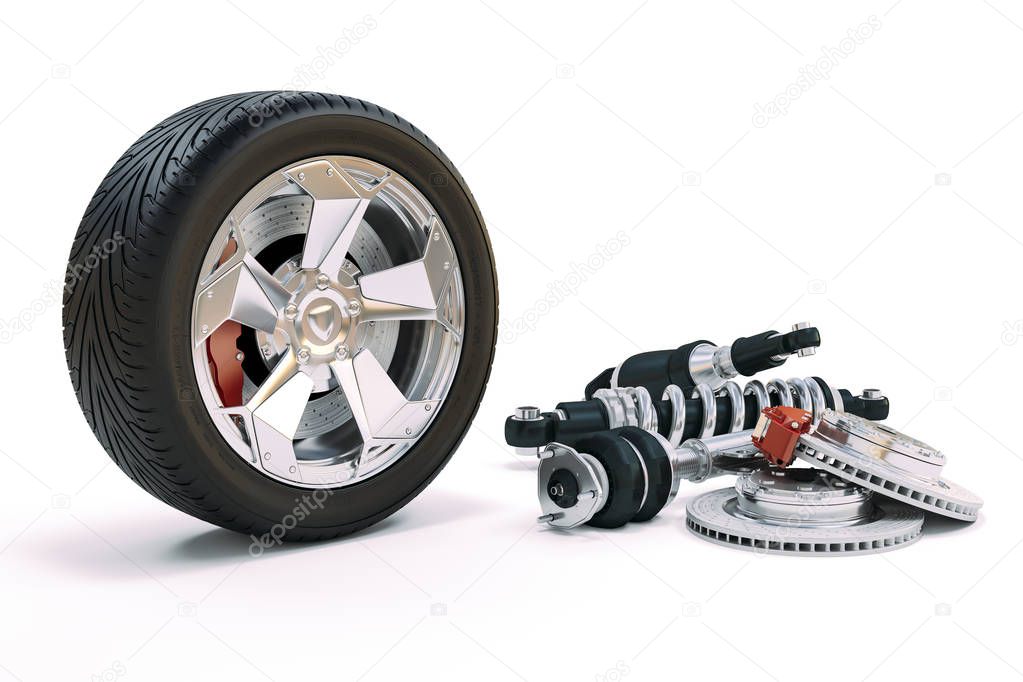 3d tire and spare parts on whtie background