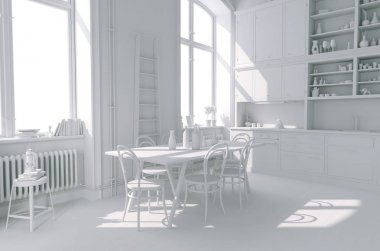 Iki büyük pencere ile güzel mutfak 3d render