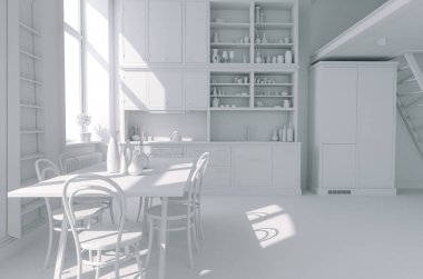 Iki büyük pencere ile güzel mutfak 3d render