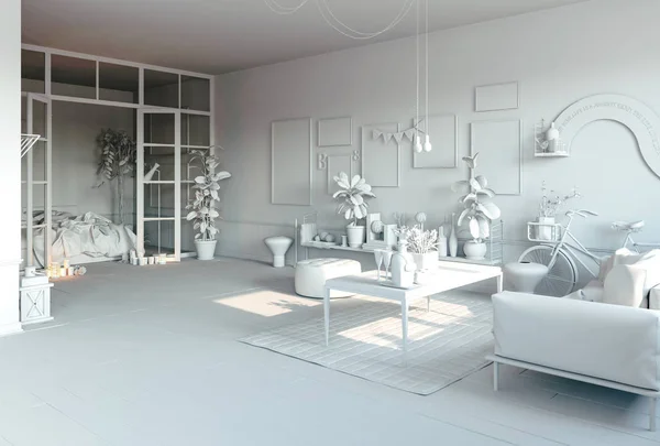美しい白いインテリアルームの3Dレンダリング — ストック写真