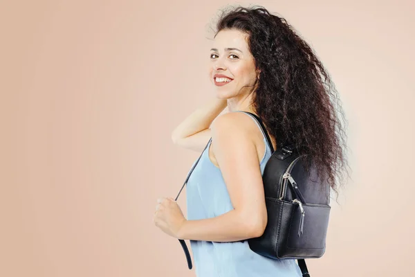 Young Beautiful Model Curly Hair Holding Backpack — Stock Photo, Image