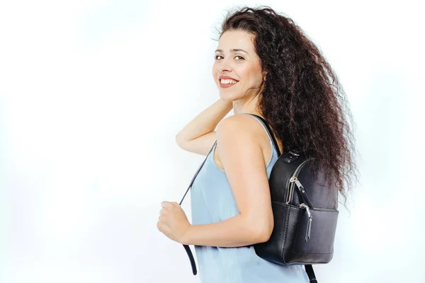 Young Beautiful Model Curly Hair Holding Backpack — Stock Photo, Image