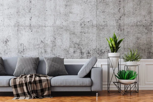 Kanepe ve beton vintage duvar ile 3d güzel iç