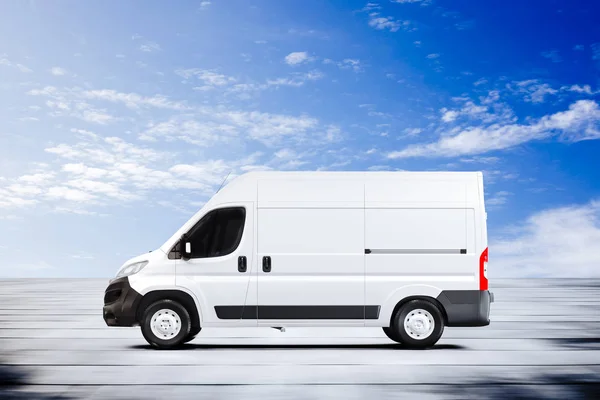 3d render of speeding white van logistic vehicle
